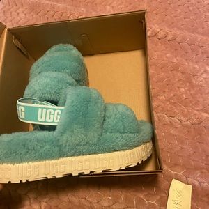 Blue UGG fur slippers